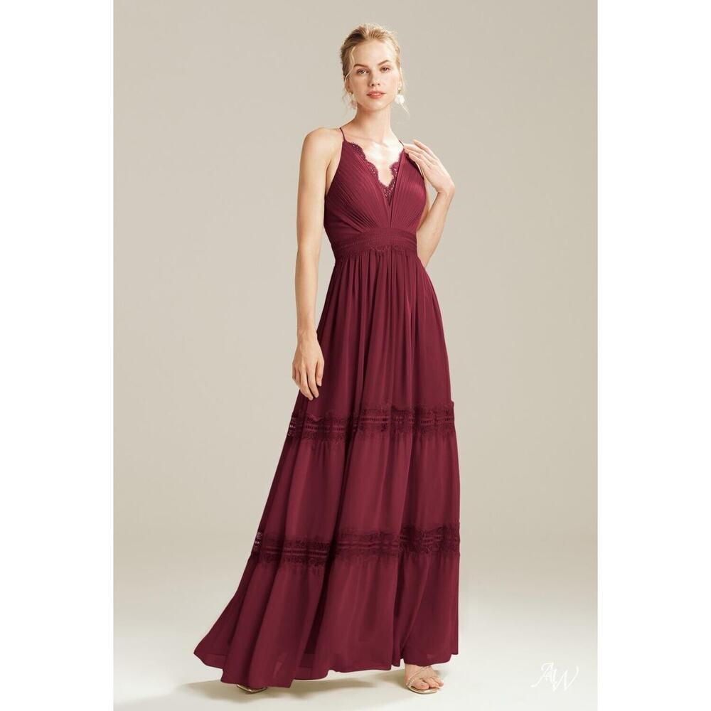 New Burgundy Red Bridesmaid Formal Halter Sleeveless Maxi Dress Gown Lace 2